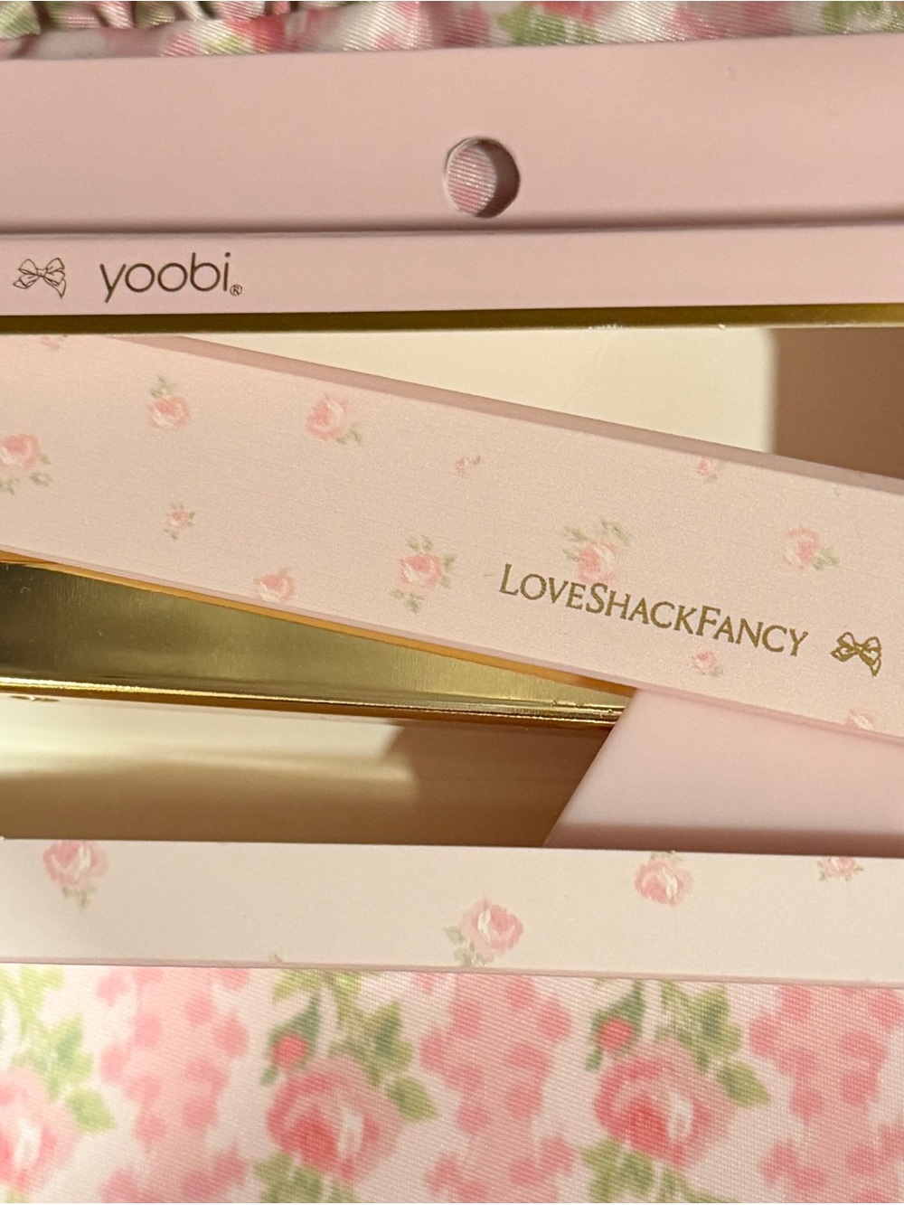 LoveShackFancy Pink Floral Metal Hair Straightener with Gold Plates